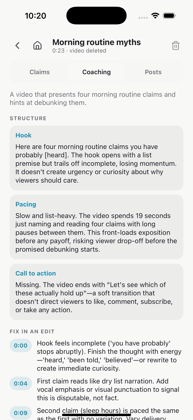 Video Analysis coaching tab in the TrueSay app: notes on the hook, pacing and call to action, then timestamped fixes to make in an edit.